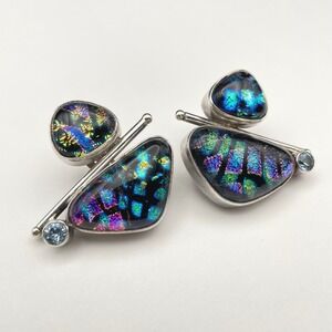Vintage Butterfly Wing Dichroic Glass Clip On Earrings Topaz Sterling Silver